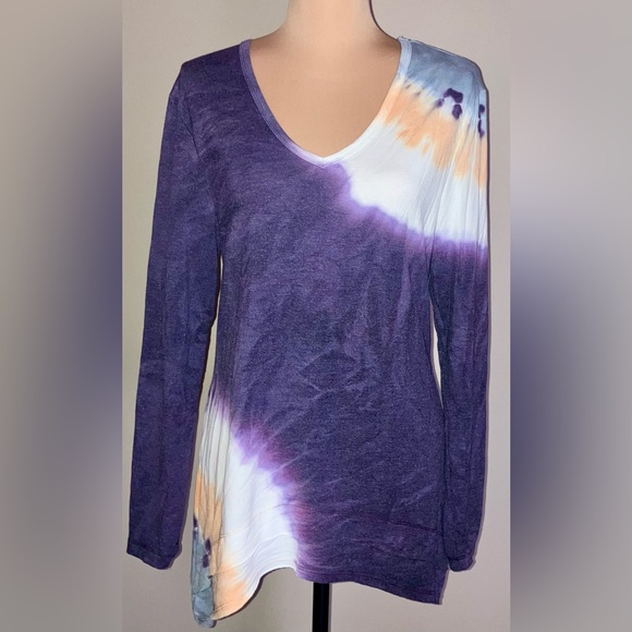 Women's Green Tea Long Sleeve Multi-Color Tie Dye V-neck Top/Sweatshirt, Large L - Picture 4 of 7